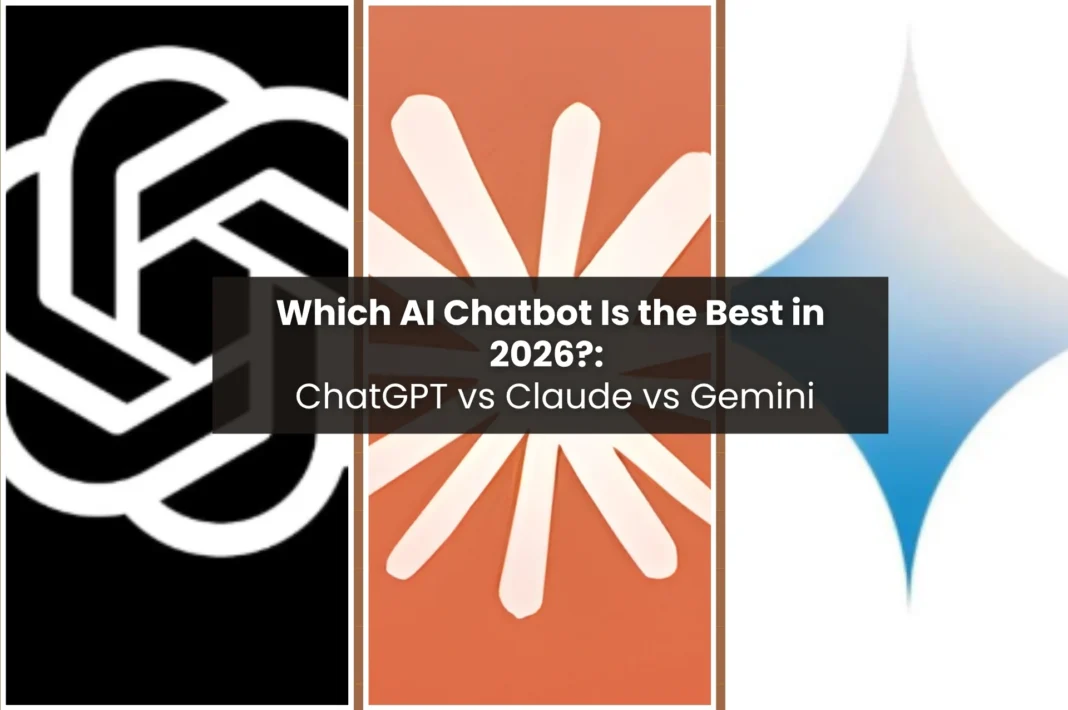 Side-by-side comparison graphic featuring the logos of ChatGPT (black), Claude (orange), and Gemini (blue/white) with the text 