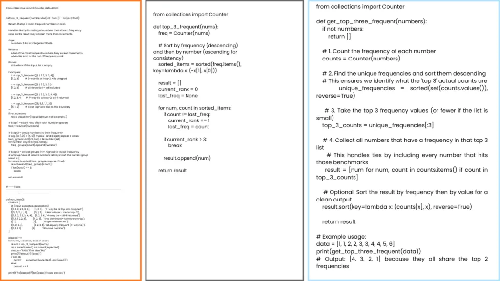Side-by-side Python code examples from different AI models demonstrating variations in structure and readability.