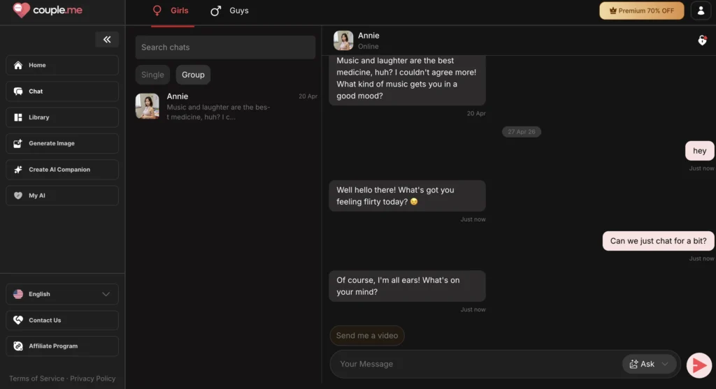 couple.me AI companion interface showing consistent and continuous emotional conversation.