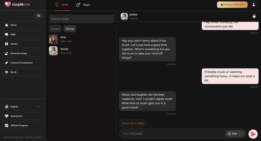 couple.me AI companion showing memory-based romantic style conversation with consistent replies.
