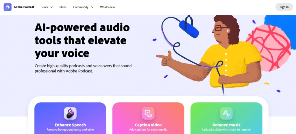 Adobe Podcast interface showing AI-powered audio tools for content creation and voice enhancement