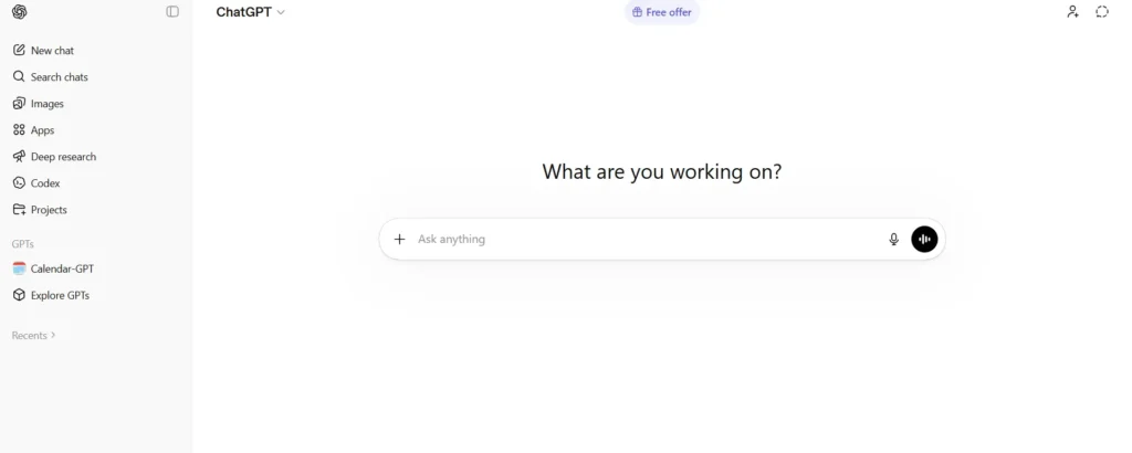 ChatGPT fresh chat interface showcasing AI assistant for writing and free AI tools for content creation