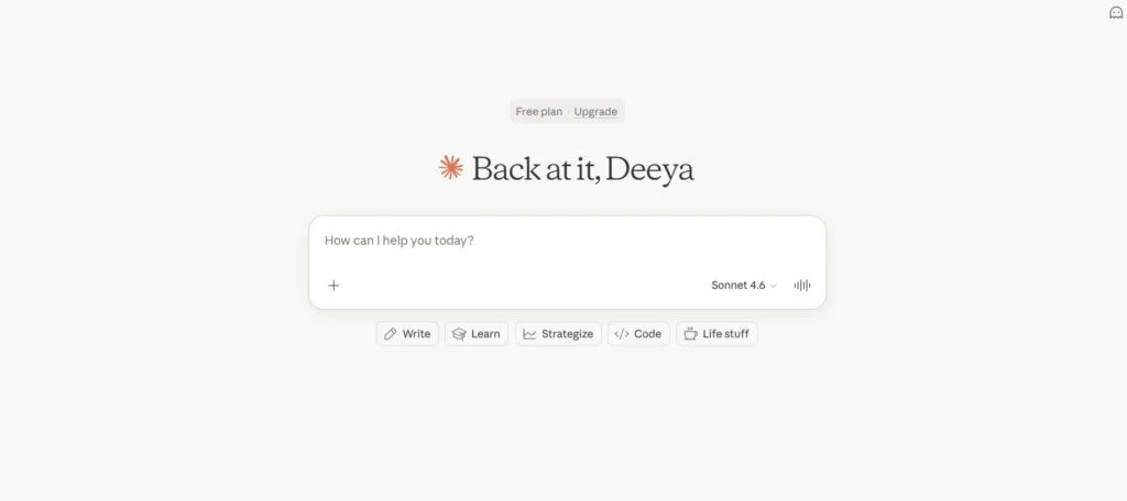 Claude AI fresh chat interface displaying conversational AI for writing and content creation tasks
