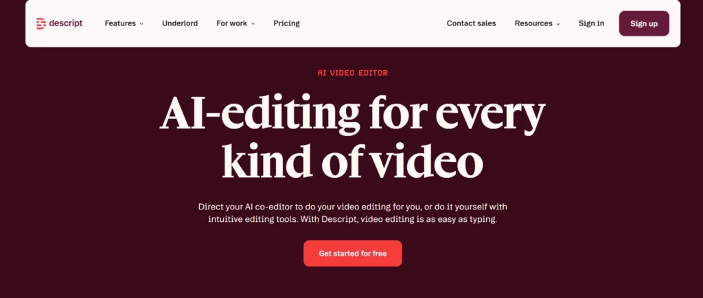 Descript AI video editor dashboard showcasing free AI tools for content creation and video editing