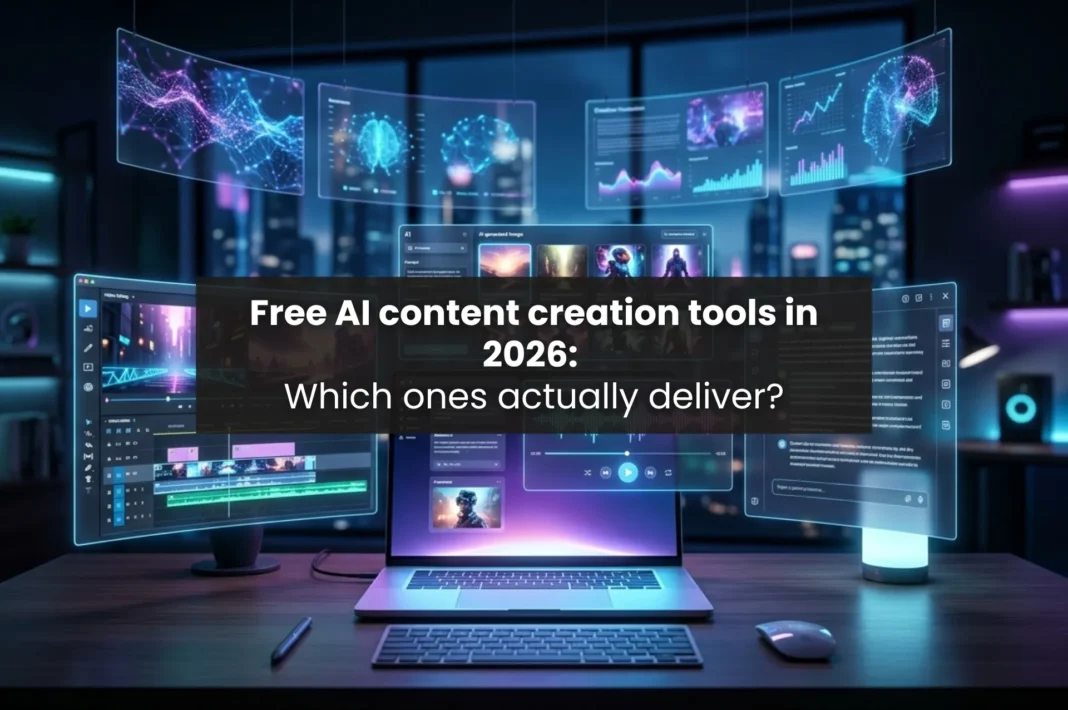 A detailed photograph of a futuristic home office workspace at night. On a dark wooden desk, an open laptop sits between a keyboard and mouse, with a glowing pen to the side. Above and around the laptop, multiple translucent, glowing blue and purple holographic screens display complex user interfaces for digital creation. On the far left, a monitor shows a video editing timeline. Floating screens above the laptop display various colorful sci-fi and fantasy digital art thumbnails. A widget over the laptop shows an active audio waveform with playback controls. To the right, a vertical screen lists text lines. The background features bookshelves with integrated LED lighting, and a large window looks out onto a dark cityscape. Multiple transparent data panels with brain scans and graphs float above the entire setup. The scene is illuminated by neon blue and purple lights.