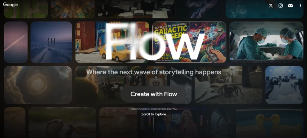 Google Flow AI video generator interface showcasing free AI tools for content creation