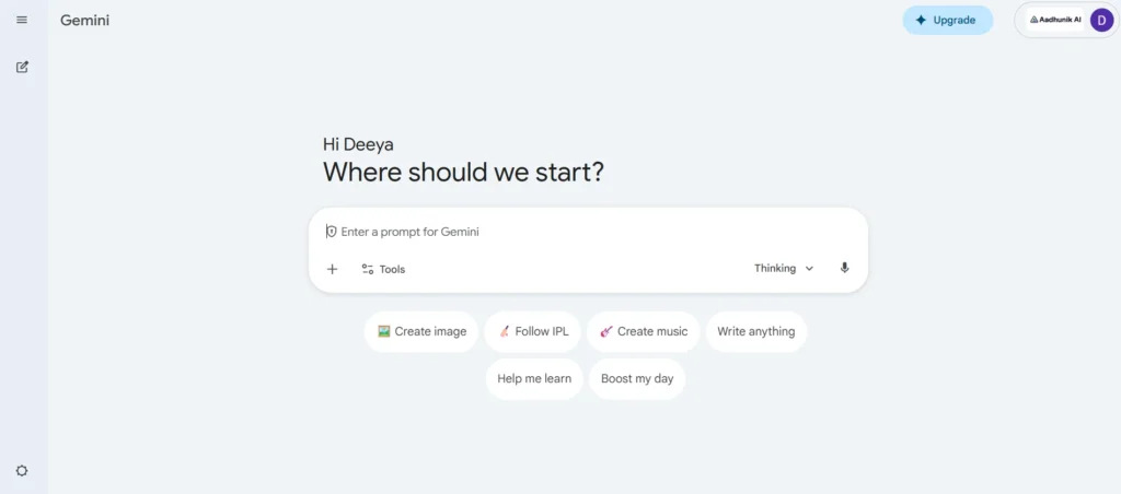 Google Gemini AI dashboard for writing and image generation in free AI tools for content creation