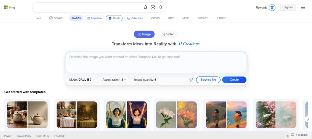 Microsoft Copilot AI image generator interface for free AI tools for content creation