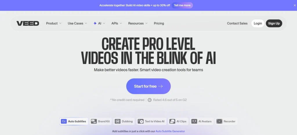 VEED AI video editor dashboard showing free AI tools for content creation and subtitles