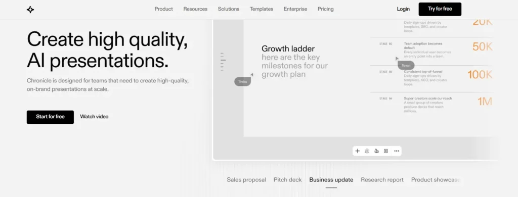 Chronicle AI homepage showing AI presentation builder with structured storytelling workflow