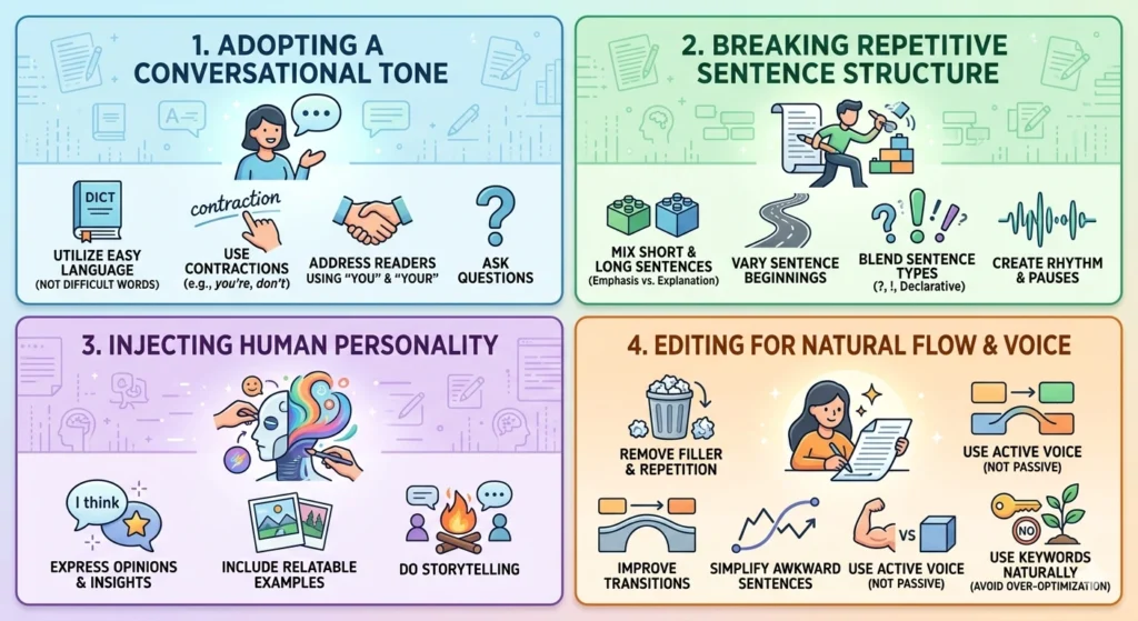 Four-panel infographic outlining steps to refine AI writing: 1. Use conversational tone (contractions, simple words), 2. Vary sentence structure (length and rhythm), 3. Inject personality (opinions, stories), and 4. Edit for flow (active voice, removing filler).