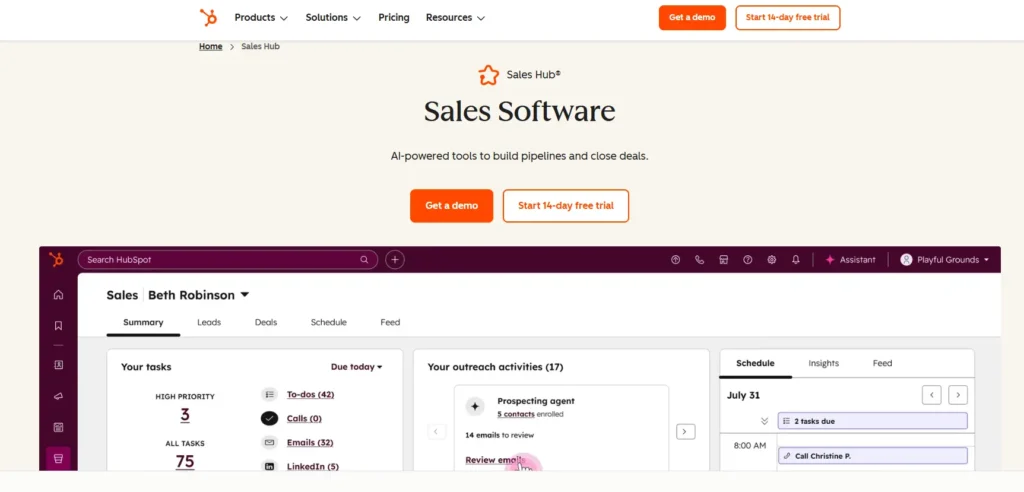 HubSpot Sales Hub interface showing CRM dashboard, task management, and pipeline tracking for lead generation tools.
