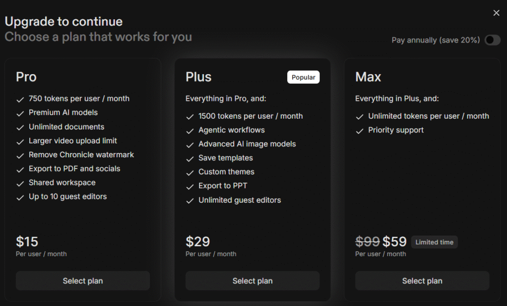 Chronicle AI pricing plans showing Pro, Plus, and Max tiers with features and monthly costs