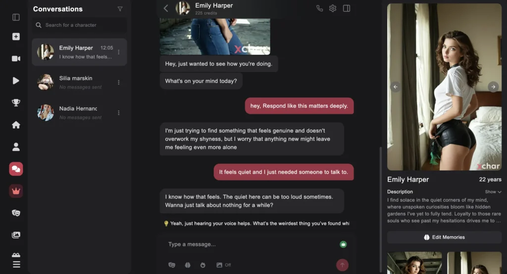 xchar.ai interface showing adaptive AI companion conversation matching user emotions.