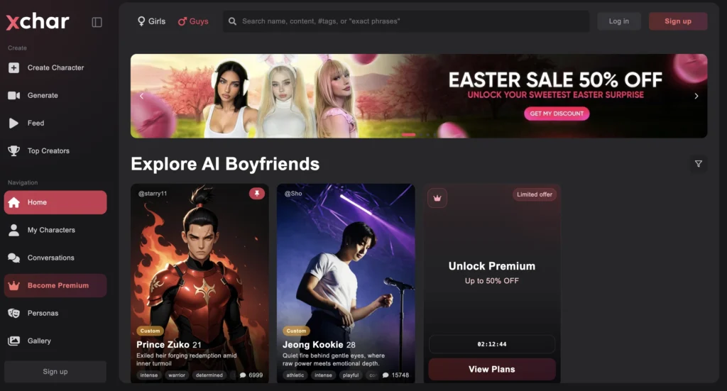 xchar.ai app showing AI boyfriend.