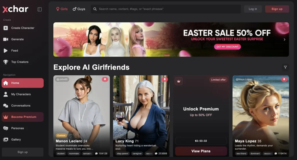 xchar.ai homepage showing multiple AI personalities and chat options