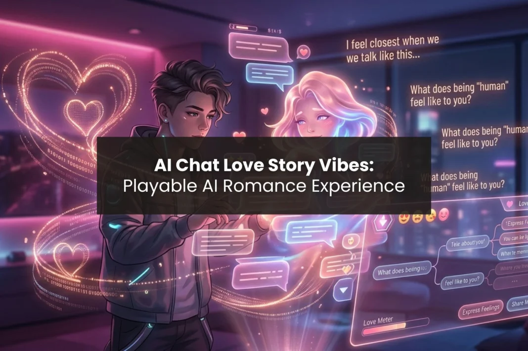 Futuristic AI companion interface showing a romantic digital character, where glowing chat elements and emotional visuals represent an AI chat love story evolving into an AI romance game and AI dating simulator experience.