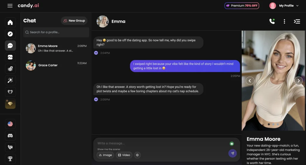 AI companion interface of Candy AI showing romantic chat, emotional memory, and AI-generated visuals, where candy.ai creates an evolving AI romance game experience.