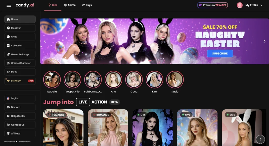 Candy AI homepage displaying AI girlfriend chat interface with customization and emotional interaction features.