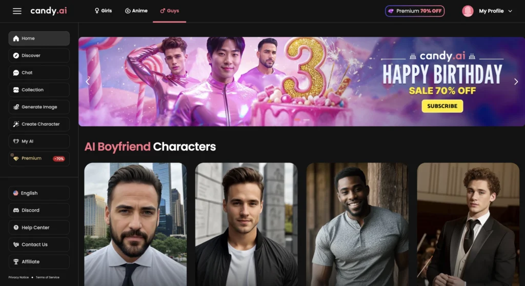 Candy AI homepage displaying AI boyfriend characters and romantic companion interface.