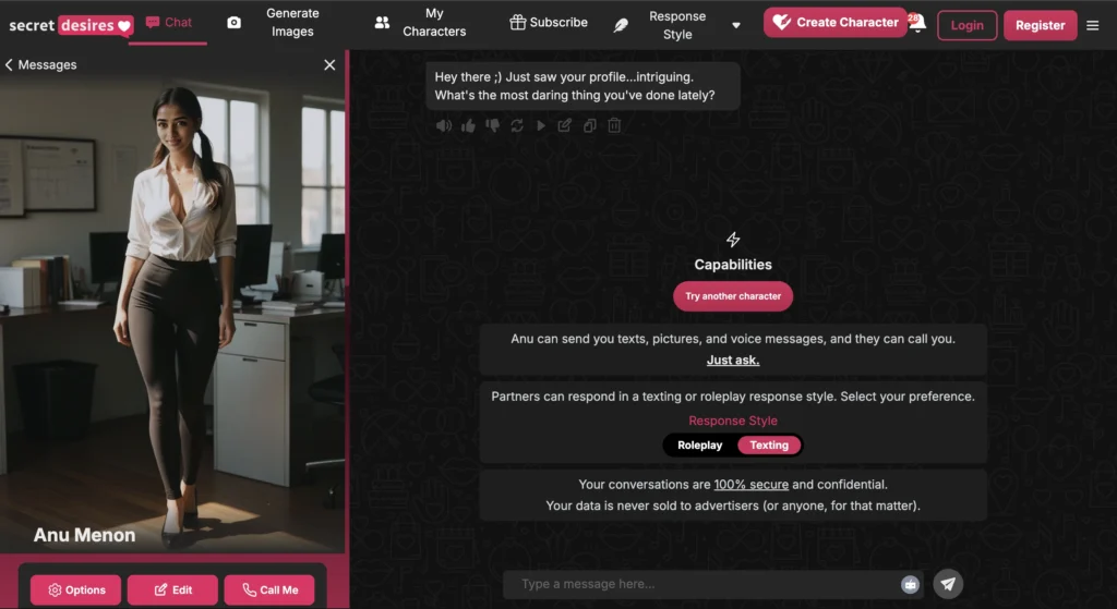 AI romance interface of Secret Desires showing fantasy roleplay chats, where secretdesires.ai develops emotionally driven AI dating simulator experiences.