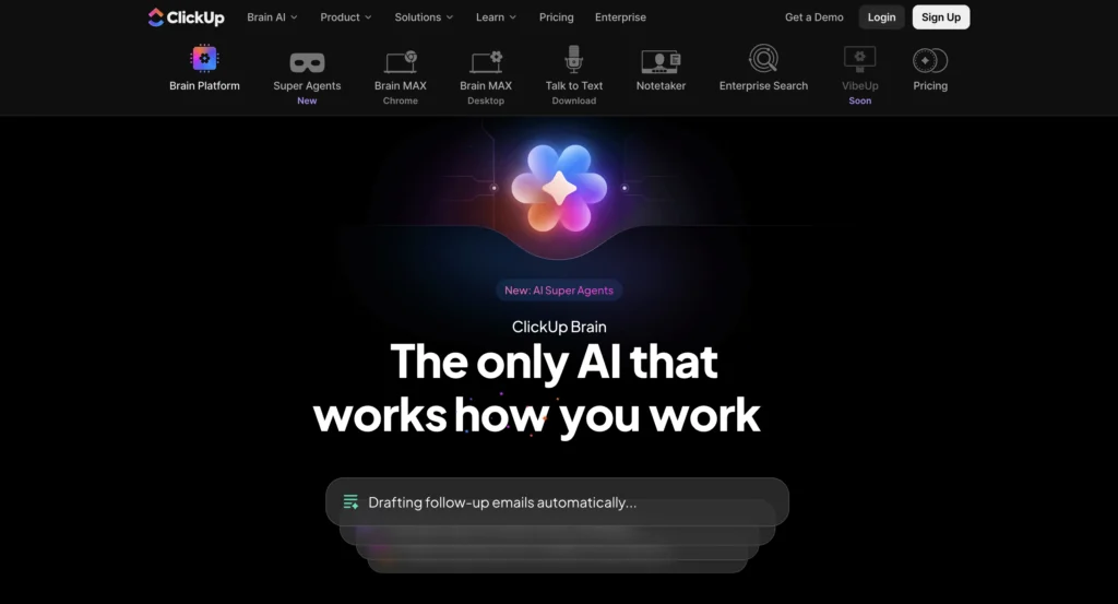 AI-powered project management dashboard on ClickUp website.