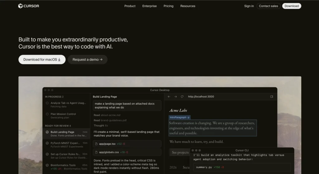 AI code editor for developers on Cursor AI website.