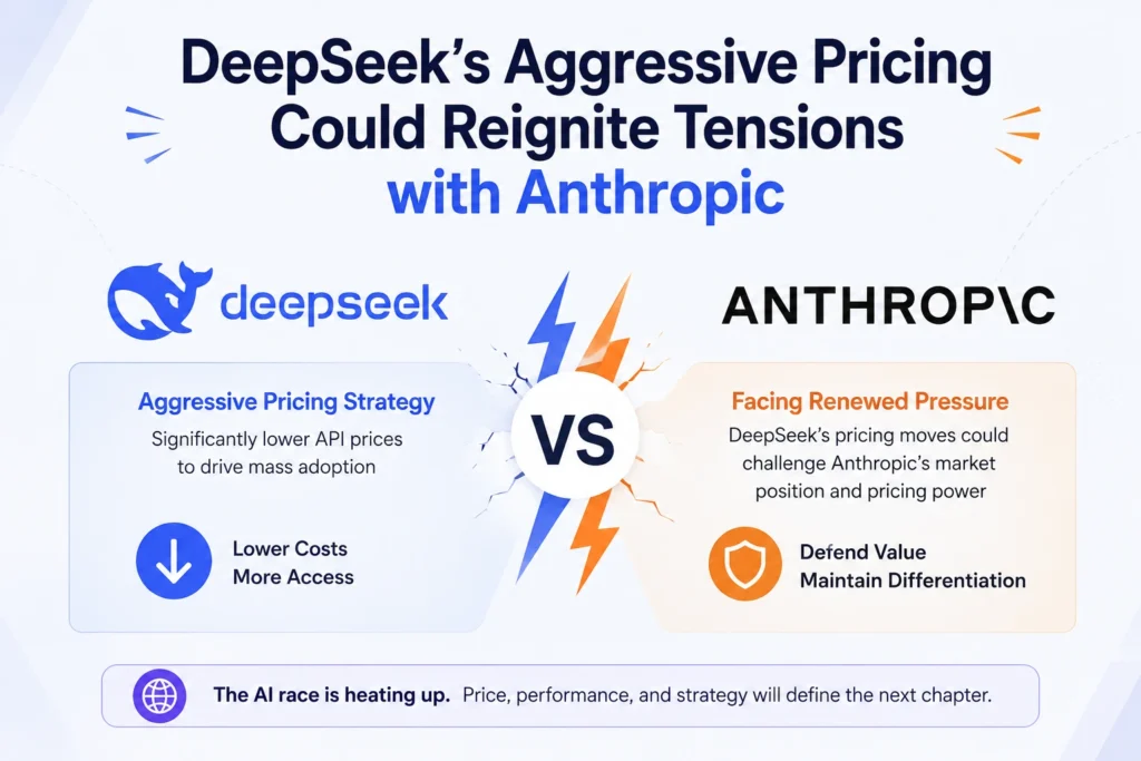 Infographic showing DeepSeek and Anthropic logos with a comparison of aggressive AI pricing and rising competitive pressure in the AI market.