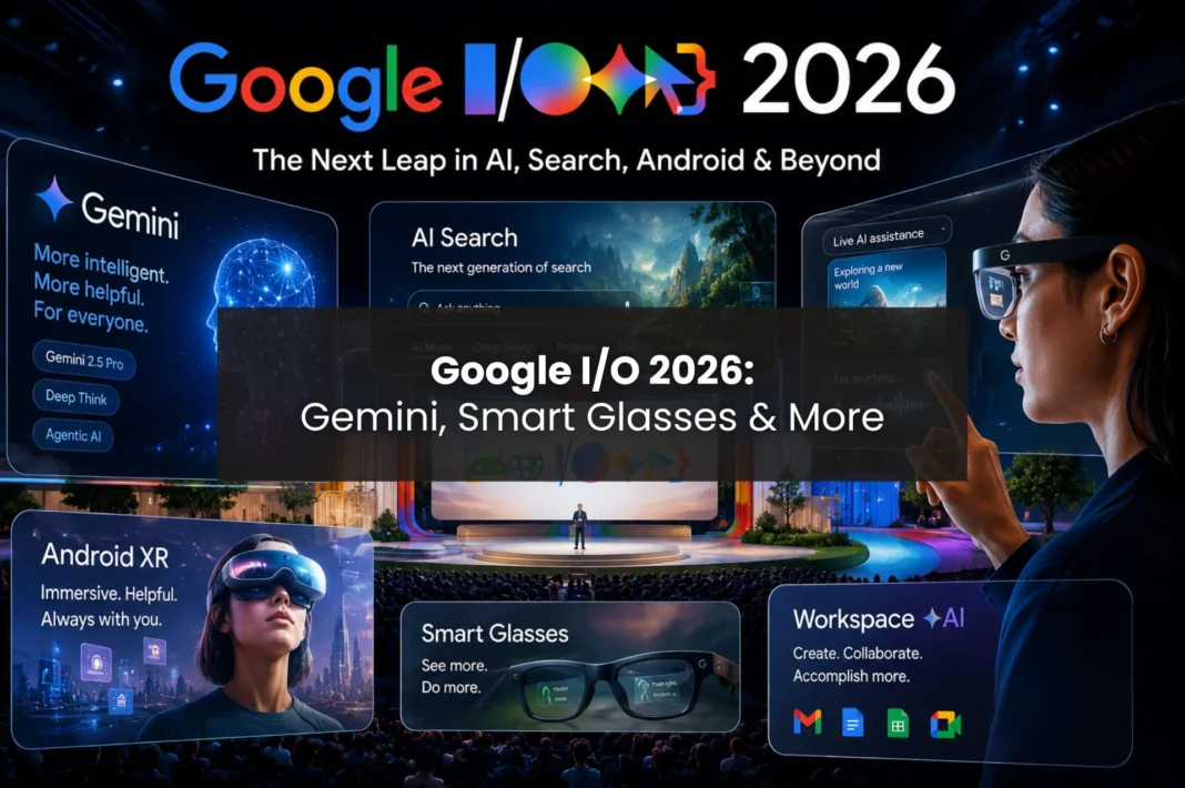 Featured image for Google I/O 2026 showing Gemini AI, AI Search, Android XR, smart glasses, futuristic Google keynote visuals, and AI-powered productivity tools.