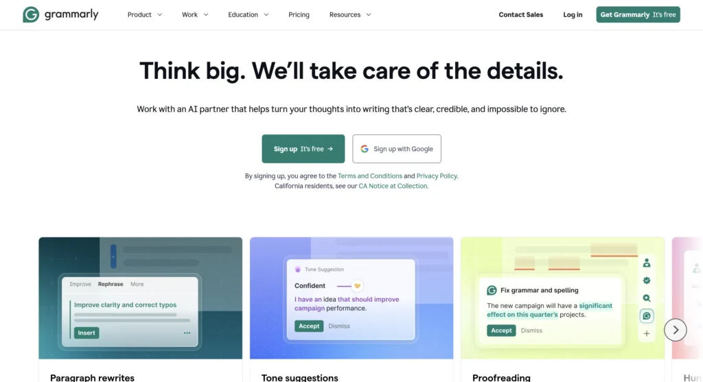 AI writing assistant for grammar and tone improvement on Grammarly website.