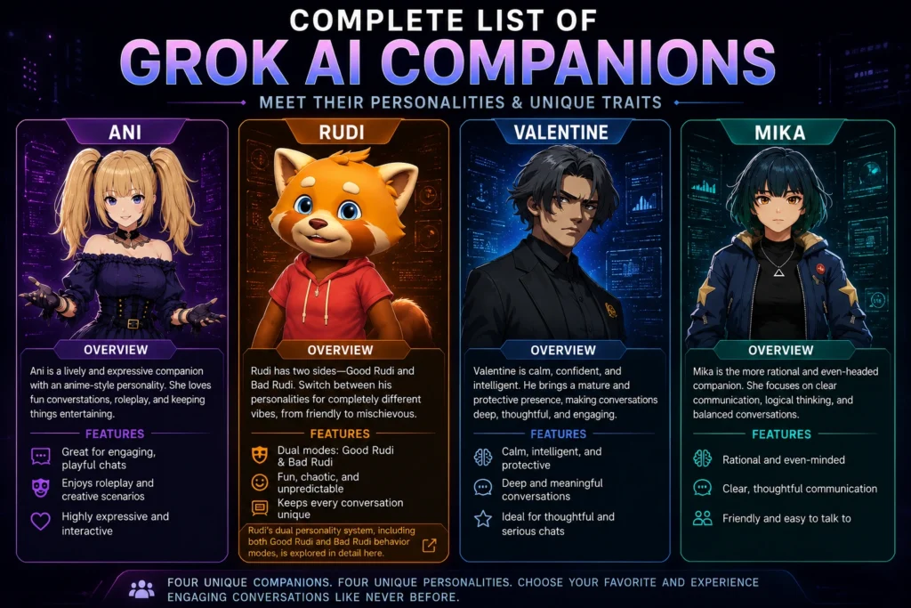 Infographic showcasing Grok AI companions with character overviews, personality traits, and key interaction features in a futuristic design.