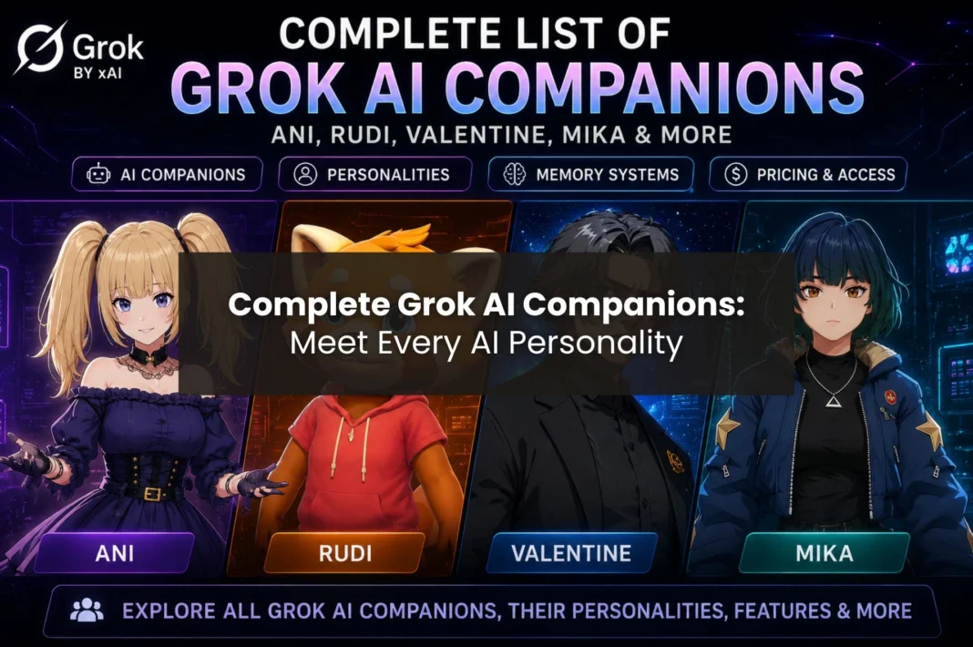 Featured image showing Grok AI companions Ani, Rudi, Valentine, and Mika in a futuristic neon-themed layout.