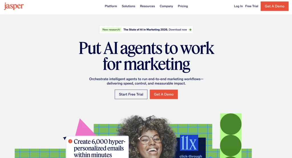 AI marketing and content generation dashboard on Jasper AI website.