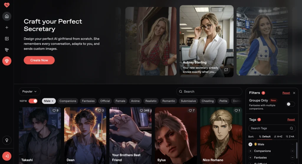 Nectar AI homepage showing realistic male AI companions and relationship-focused interface.