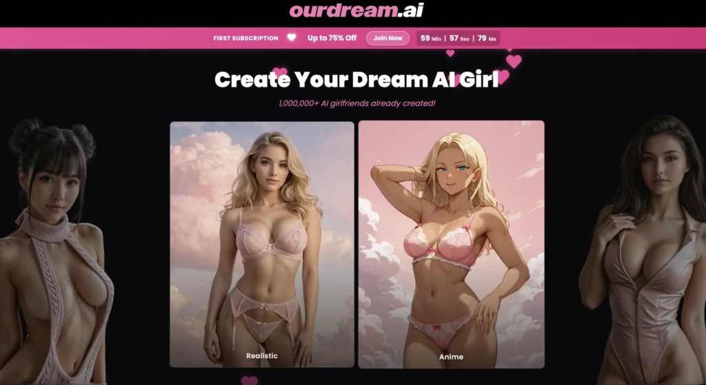 OurDream AI homepage showing fantasy AI companion and immersive roleplay features.