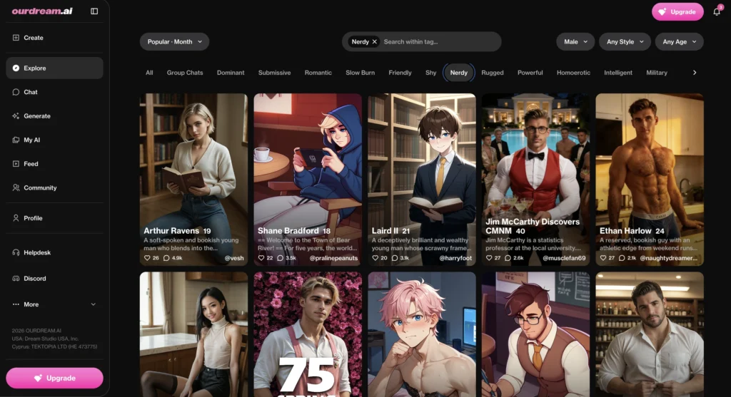 OurDream AI homepage displaying AI boyfriend characters and romantic roleplay visuals.