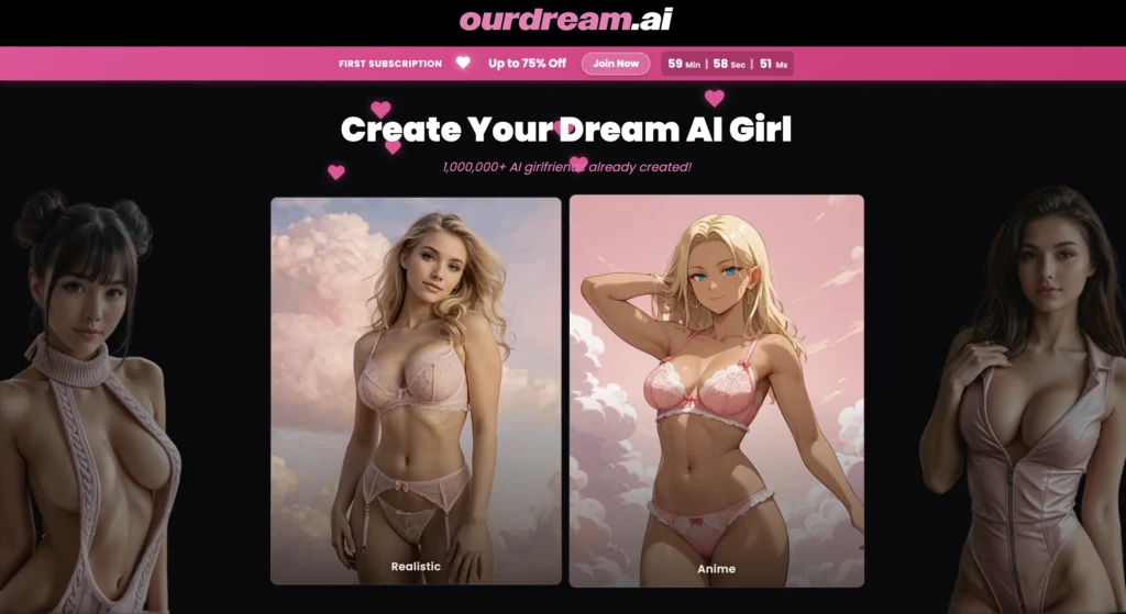 Dreamy romantic AI interface where OurDream AI creates fantasy lesbian companion.
