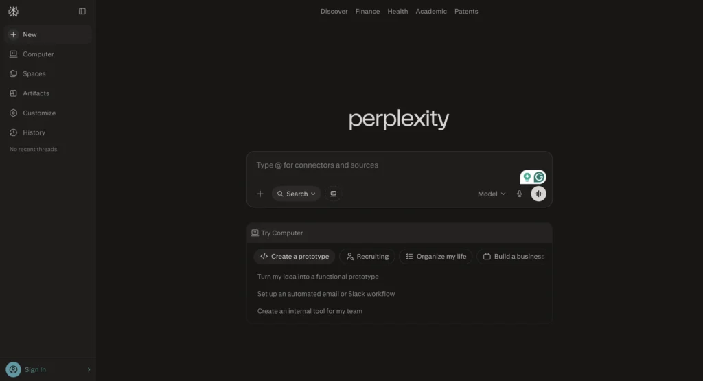 AI search engine interface showing answers on Perplexity AI website.