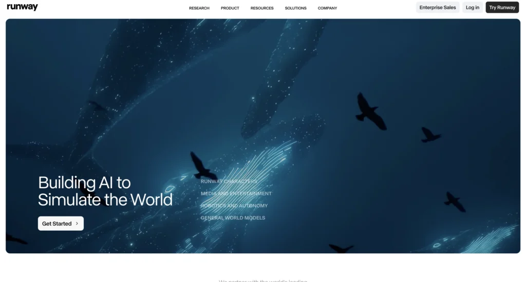 AI video generation and editing tools on Runway ML website.