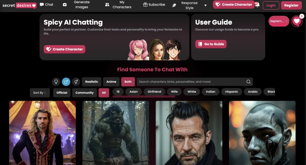 Secret Desires homepage featuring male AI companion characters and fantasy roleplay design.