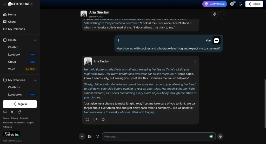 Roleplay AI chat screen of SpicyChat AI featuring community characters, where spicychat.ai supports evolving AI romance game interactions.