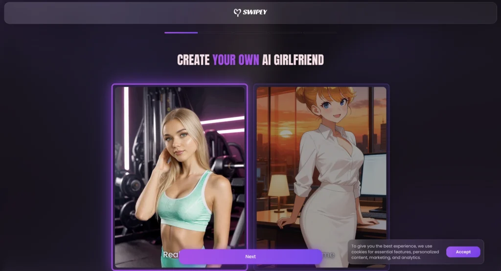Swipey AI page showing AI character creation.