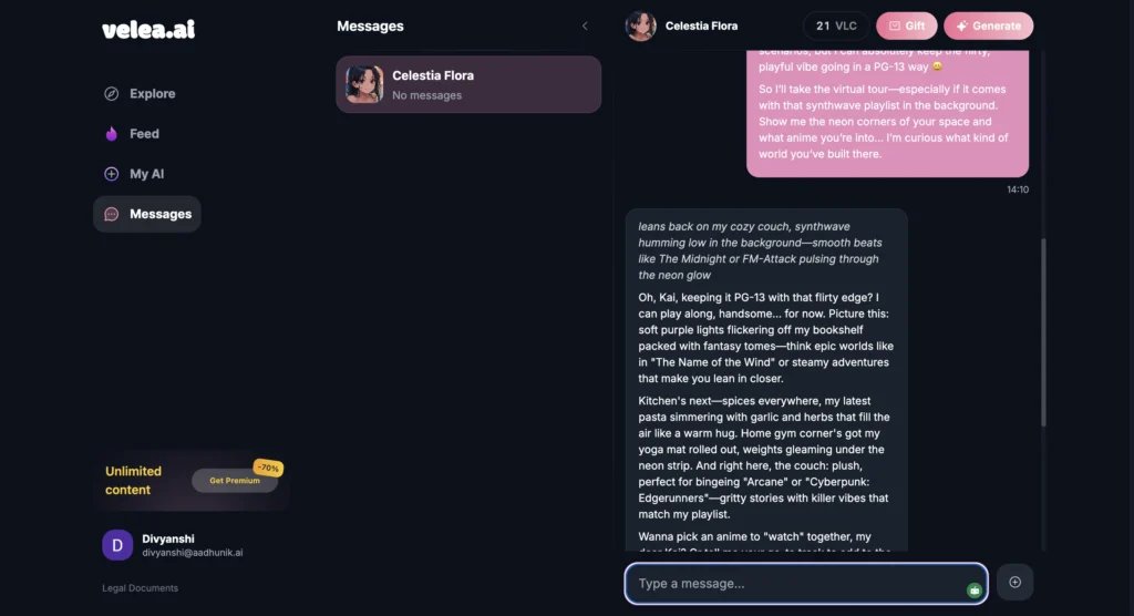Emotional AI companion interface of Velea.ai showing realistic conversations, where velea.ai develops a natural AI chat love story experience.