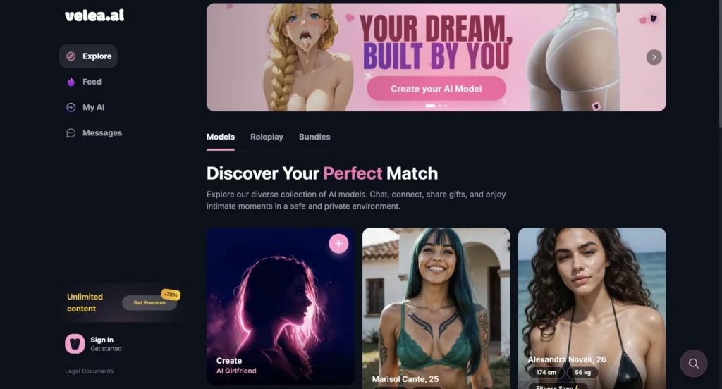 Velea.ai homepage showing emotionally realistic AI companion chat interface.