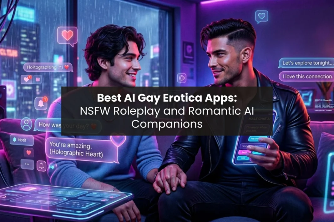 Featured image showing futuristic male AI companions with holographic chat interfaces for AI gay erotica and romantic roleplay apps.