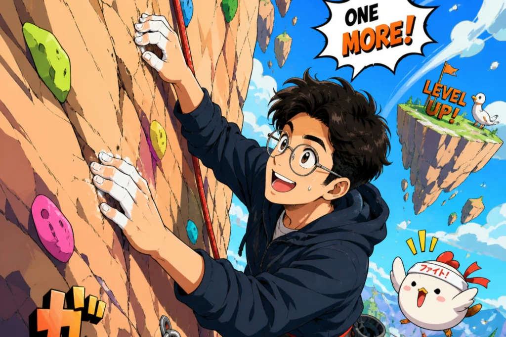 A bright and colorful trending anime-style illustration of a person with exaggerated proportions, expressive features, flat cel shading, and dynamic composition
