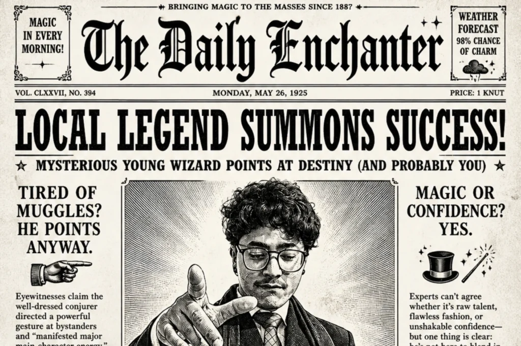 A black-and-white vintage newspaper front page featuring a person's portrait as the main engraved illustration, surrounded by bold headlines and narrow columns in classic serif font
