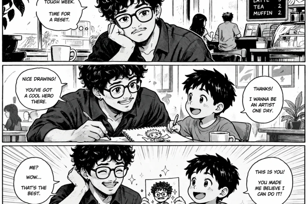 A three-panel black-and-white manga-style comic strip featuring a person as the main character with retro hand-inked linework and short uplifting dialogue
