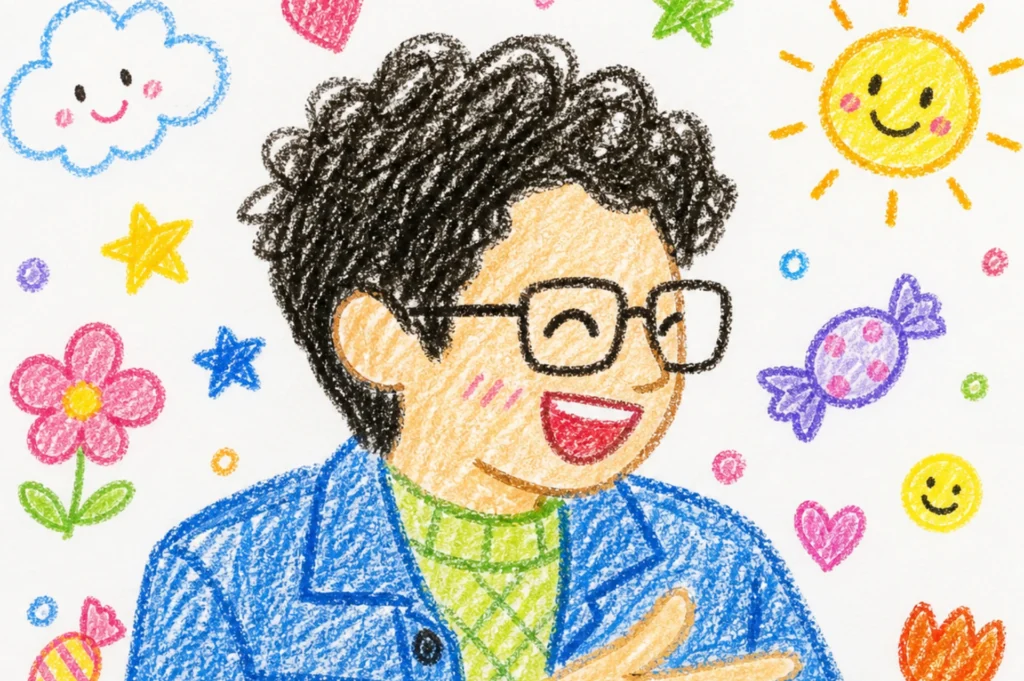 A colorful crayon-style childlike drawing of a person on white paper with flowers, stars, and candy decorations in a playful, simplified art style
