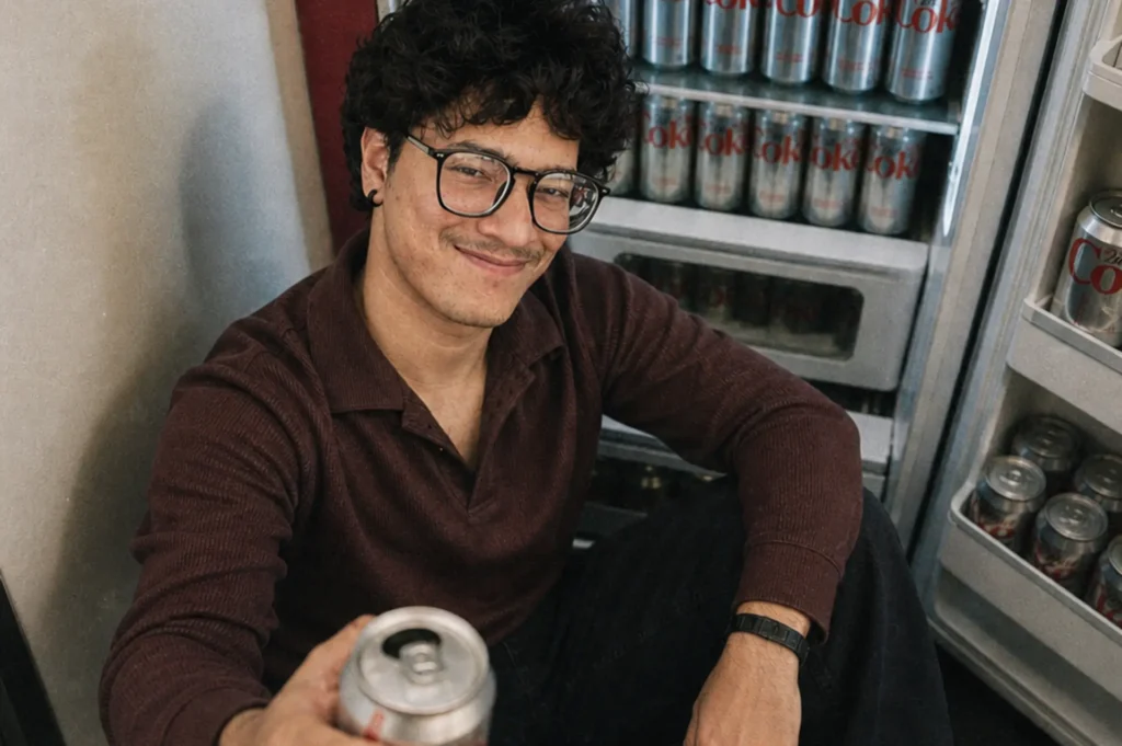 A cinematic candid lifestyle photo of a person sitting in front of an open refrigerator holding a Diet Coke can, with soft film grain and editorial color grading
